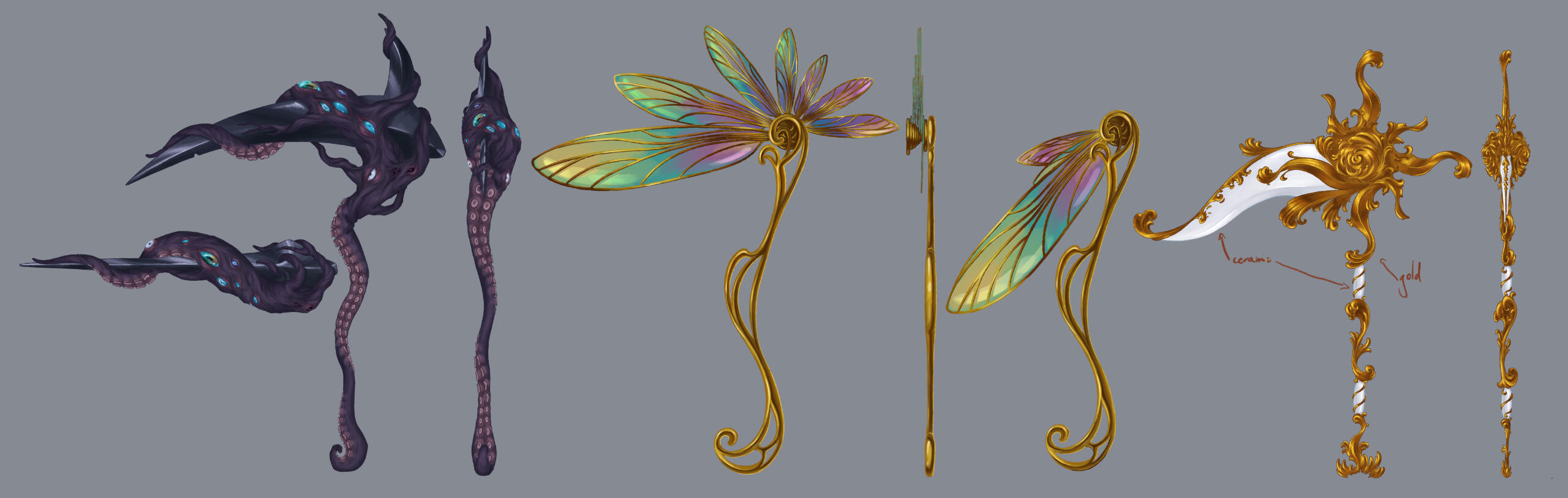 Scythe designs for FF14 weapon design contest - eldritch, art nouveaou, rococo